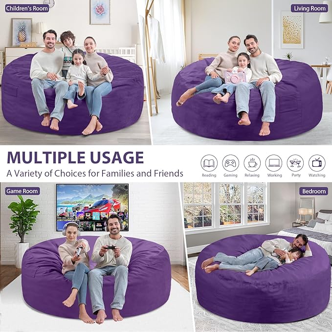 6FT Bean Bag Chair, Large Bean Bag Chairs with Memory Foam Filled, Fluffy Beanbag Sofa with Dutch Velvet Cover, Round BeanBag Chairs for Living Room, Playroom - Purple