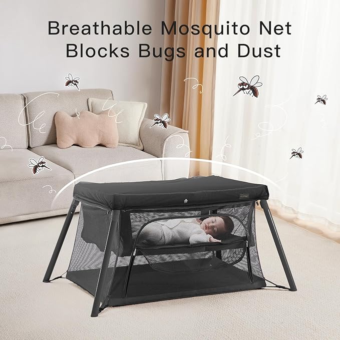 2 in 1 Portable Travel Crib for Toddler, Foldable Crib for Baby, Lightweight Playpen Collapsible Playard with Soft Mattress, Easy to Carry Baby Travel Bed for Outdoor, Indoor (Black)