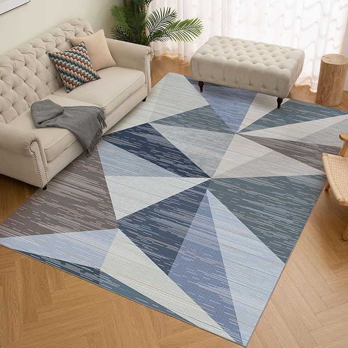 HOMFINE Washable Modern Area Rug - Geometry Style 4x6 Rugs for Living Room, Bedroom, Machine Washable Rug Soft Non Slip Non Shedding Area Rug - Blue, 4'x6'