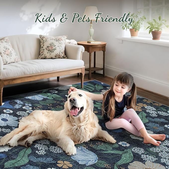 8x10 Area Rug for Living Room: Vintage Floral Washable Rug Soft Boho Non Slip Carpet Large Indoor Floor Non Shedding Low Pile Thin Carpets for Bedroom Dining Room Farmhouse Nursery Home Office Blue