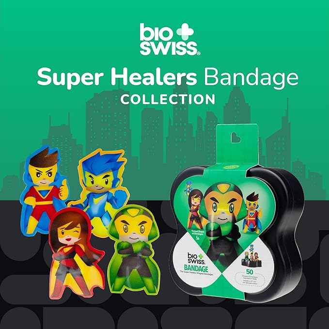 BioSwiss Bandages, Super Healers Superhero Shaped Self Adhesive Bandage, Latex Free Sterile Wound Care, Fun First Aid Kit Supplies for Kids and Adults, 50 Count
