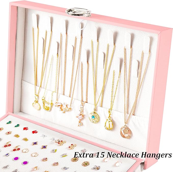 Earrings Jewelry Box for Girls, 5 Layers Jewelry Organizer with Earring Holder Organizer for Girls Earring Organizer Jewelry Boxes for Women Earrings and Necklaces Jewelry Box Organizer Pink