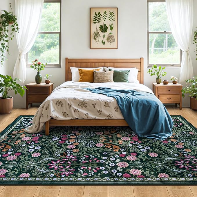 6x9 Area Rugs for Living Room: Floral Washable Rug Vintage Large Soft Boho Non-Slip Carpet Indoor Stain Resistant Thin Carpets for Bedroom Dining Room Farmhouse Nursery Hallway Home Office Dark Green