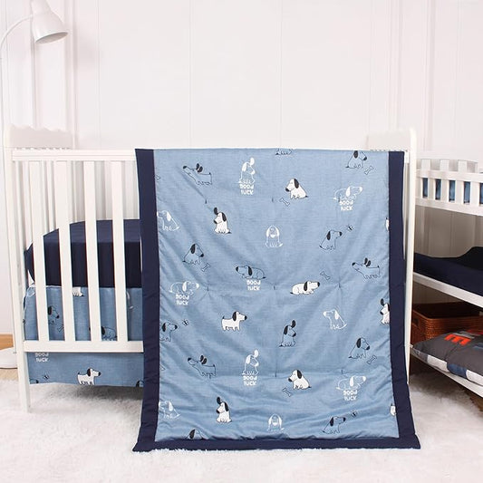 CaSaJa Baby 3-Piece Crib Bedding Set for Boys Girls, Including Soft Quilted Comforter(Blanket), Fitted Crib Sheet and Skirt, Soft Nursery Bedding Set Made of Silky Comfy Materials, Good Luck Puppy