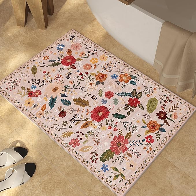2x3 Washable Rug for Entryway, Floral Soft Small Area Rug, Non Slip Doormat Indoor Entrance Carpet, Flower Low Pile Front Door Throw Rug for Bedroom, Kitchen, Laundry, Bathroom, Pink/Beige