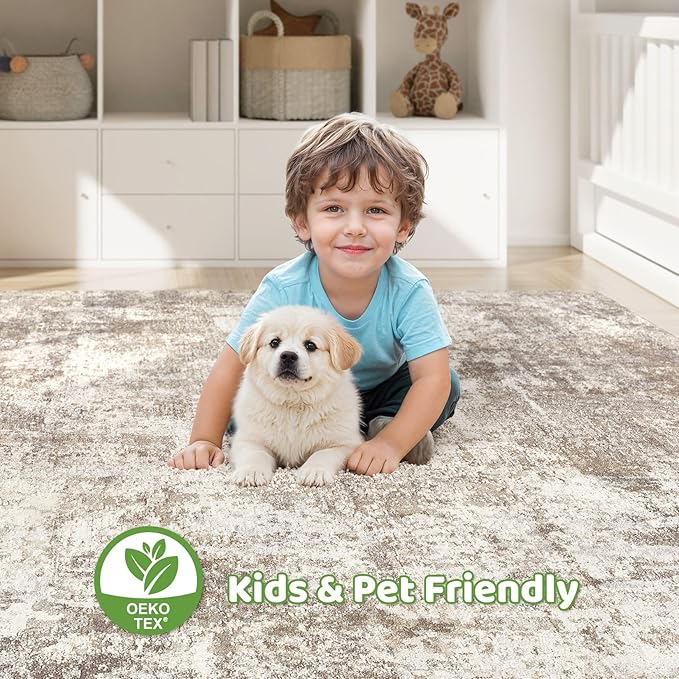 Area Rugs 9x12 Living Room: Washable Large Abstract Soft Rugs Stain Resistant Indoor Floor Non-Slip Accent Carpet for Women Modern Home Enthusiasts Aged 25-45 - Bedroom Nursery Playroom- Beige Brown