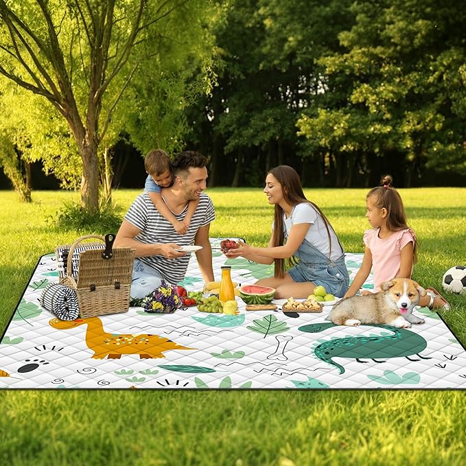 Extra Large Picnic Blanket Waterproof,80"x 80"Foldable Machine Washable Beach Blanket,Outdoor Blanket for 6-8 Adults,Suitable for Indoor Crawling,Park Beach,Camping,Hiking,Family Travel(Dinosaur)