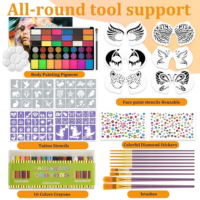 42 Color Face Painting Kit for Kids-Non Toxic Water Activated Face Paint Palette with 16 Crayons,6 Reusable & 63 Sticky Stencils,Brushes,Gems.Ideal Choice for Carnival,Halloween,Parties,Makeup etc.