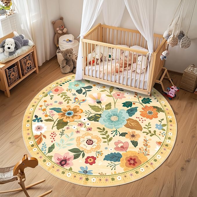 Floral 6ft Area Rug Machine Washable Soft Print Boho Carpet Non Slip Doormat Low Pile Flower Area Rugs for Living Room Bedroom Nursery Kitchen Dining Room Indoor-Ivory/Yellow