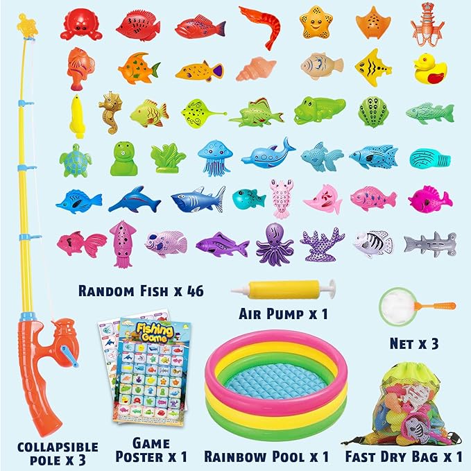 CozyBomB™ Magnetic Fishing Toys Game Set for Kids | Water Table Bathtub Kiddie Pool Party & Pole Rod Net, Plastic Floating Fish Toddler Color Ocean Sea Animals Birthday Age 3 4 5 6 Year
