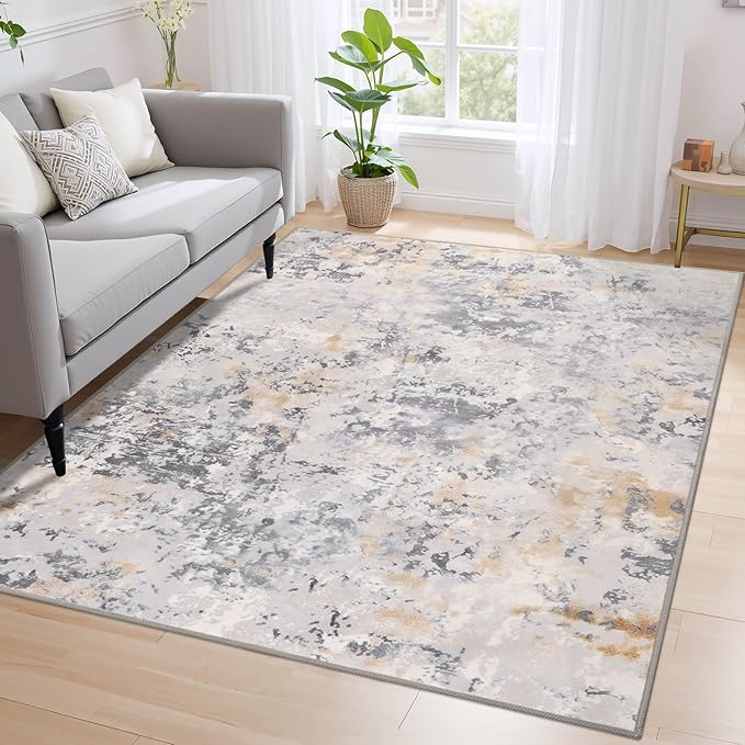 Area Rug 4x6 Washable Grey Rug for Bedroom, Abstract Modern Living Room Rugs Non Slip Low Pile, Carpet for Kitchen, Nursery, Kids Room, Office