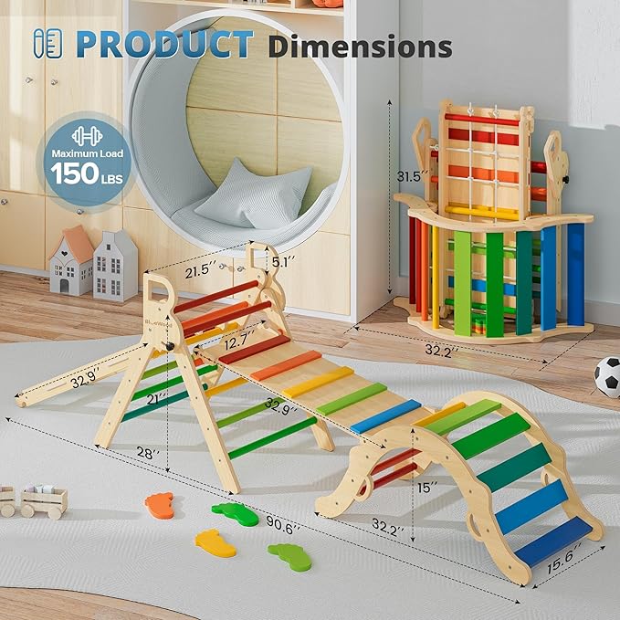 BlueWood 10-in-1 Pikler Triangle Set, Toddler Climbing Toys Indoor, Montessori Climber, Baby Jungle Gyms with Arch, Extra Rope Ladder & Footprint Balance Beam - Neon Aurora