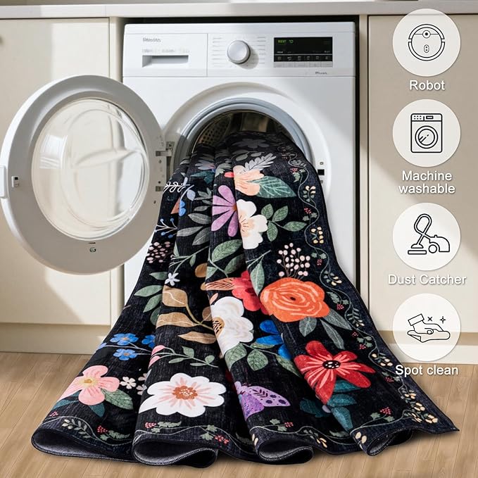 Entryway Rug 2X3 Small Rugs: Floral Washable Door Mat Vintage Soft Low Pile Non-Slip Kitchen Rugs Stain Resistant Indoor Throw Rug for Entrance, Bedroom, Kitchen, Laundry, Bathroom Black
