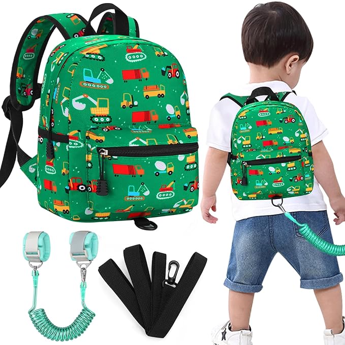 Accmor Toddler Backpack with Leash, Cute Baby Backpack with Anti Lost Wrist Link, Mini Kids Backpack Leash Walking Harness for Travel, Small Excavator Backpack Tether for Boys Girls Ages 1-3 (Green)