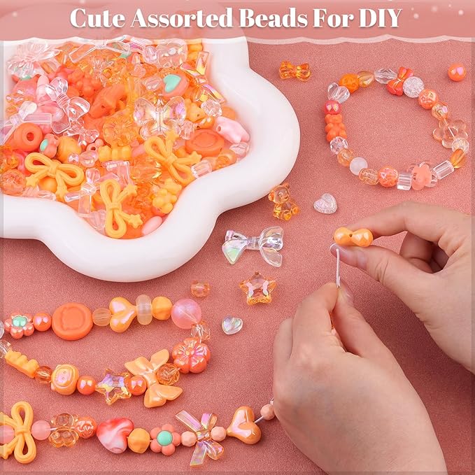 Assorted 170-230PCS Orange Acrylic Beads for Bracelet Making, Flower Bow Butterfly Candy GummyBear Aesthetic Bracelet Charms,Cute Beads for Jewelry Making DIY Necklace Keychain Phone Charm