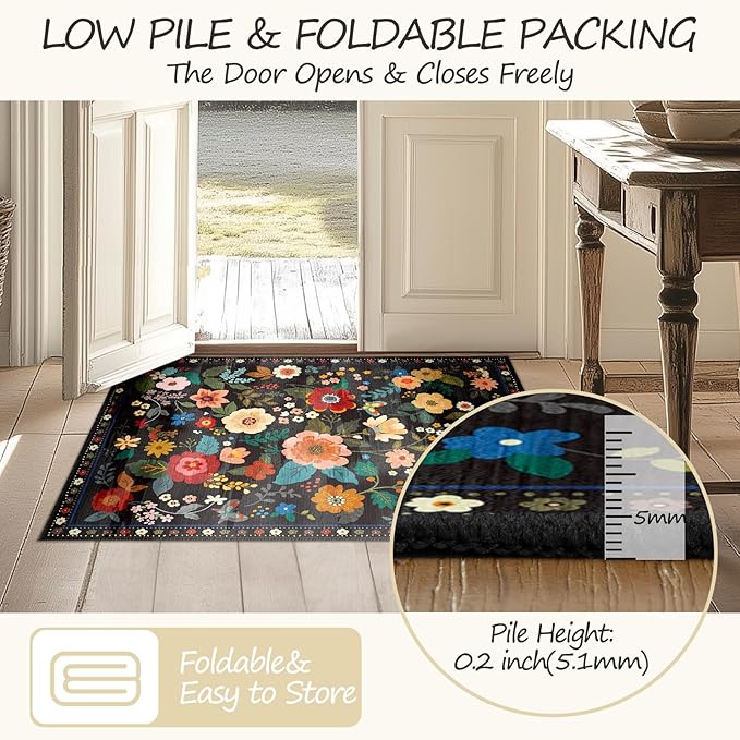 Floral 8x10 Area Rug Machine Washable Soft Print Boho Carpet Non Slip Doormat Low Pile Flower Area Rugs for Living Room Bedroom Nursery Kitchen Dining Room Indoor-Black
