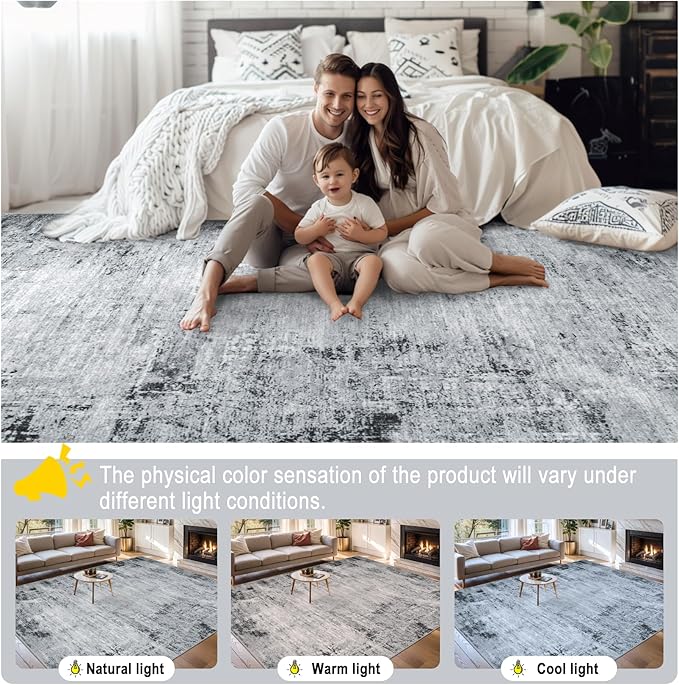 Area Rugs Living Room Rug - 4x6 Washable Modern Abstract Soft Neutral Non-Slip Carpet Large Indoor Floor Thin Carpets for Bedroom Dining Room Farmhouse Nursery Home Office Black