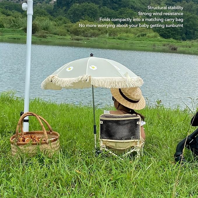 Baby Outdoor Parasols, Baby Stroller Parasol Umbrella with Adjustable Clamp, Toddler Parasol for Trolley Wheelchair Beach Chair, Outdoor Activities (Beige with