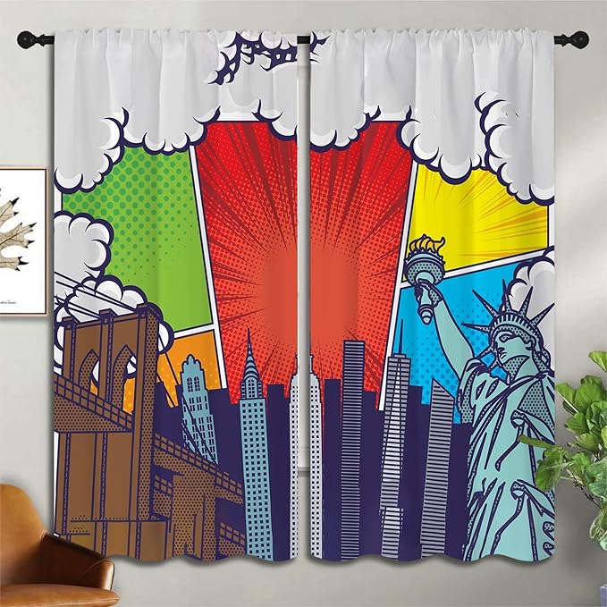 City Rod Pocket Blackout Curtains for Boy Girl Bedroom, Pop Art Style New York Cityscape Thermal Insulated Home Window Drapes for Living Room Darkening, 55x63 inch