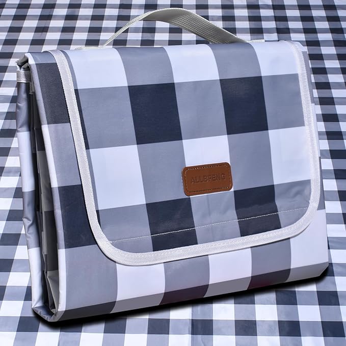 80"x60" Waterproof Sandproof Picnic Mat - Portable Foldable Outdoor Blanket for Beach, Park, Travel & Indoor Use - Lightweight Compact Design, Easy-Carry (Gray&White)
