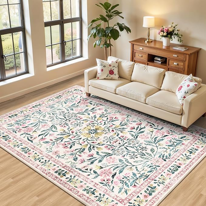 6x9 Area Rugs for Living Room: Floral Washable Rug Vintage Large Soft Boho Non-Slip Carpet Indoor Stain Resistant Thin Carpets for Bedroom Dining Room Farmhouse Nursery Hallway Home Office Pink Green