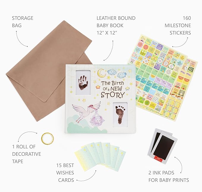 Keepsake Baby Memory Book Girl Boy – Timeless Leather-Bound Baby Milestone Book – Baby Book Keepsake Record First 5 Years – Gender Neutral Baby Scrapbook Album, Baby Album Journal Registry Search Gift