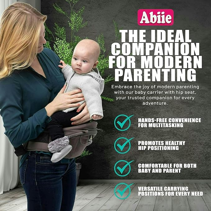 Abiie HUGGS 3-in-1 Baby Carrier with Hip Seat - Front Facing, Hip Hugger, Back Baby Carrier - Healthy Sitting (M) Position, 3 Mos.-Toddler - Buckle Type Closure - Approved by US Safety Standards