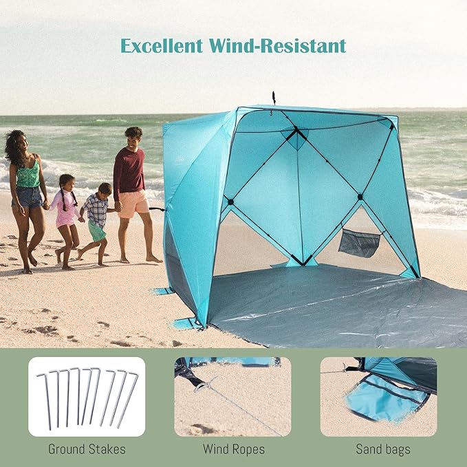 Beach Tent,Beach Sun Shelter with UPF 50+UV Protection with Extendable Floor mat for 3-4 Person, Waterproof Portable Easy Setup Beach Canopy Shade Tent for Outdoor Camping, Picnics