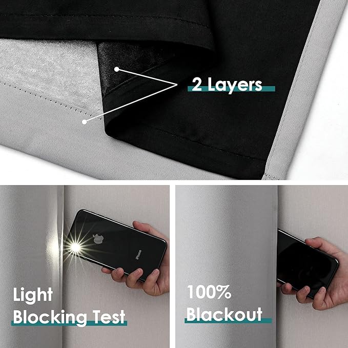 ChrisDowa 100% Blackout Curtains 80 inch Long for Bedroom with Black Liner, 2 Thick Layers Total Blackout Thermal Insulated Grommet Window Curtains 2 Panels Set (Light Grey, 52 x 80 Inch)