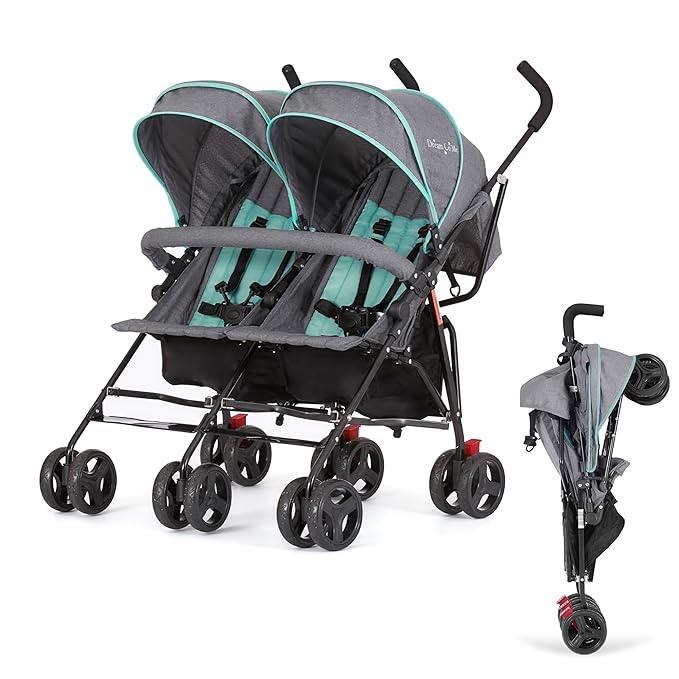 Dream On Me Volgo Twin Umbrella Stroller in Mint, Lightweight Double Stroller for Infant & Toddler, Compact Easy Fold, Large Storage Basket, Large and Adjustable Canopy