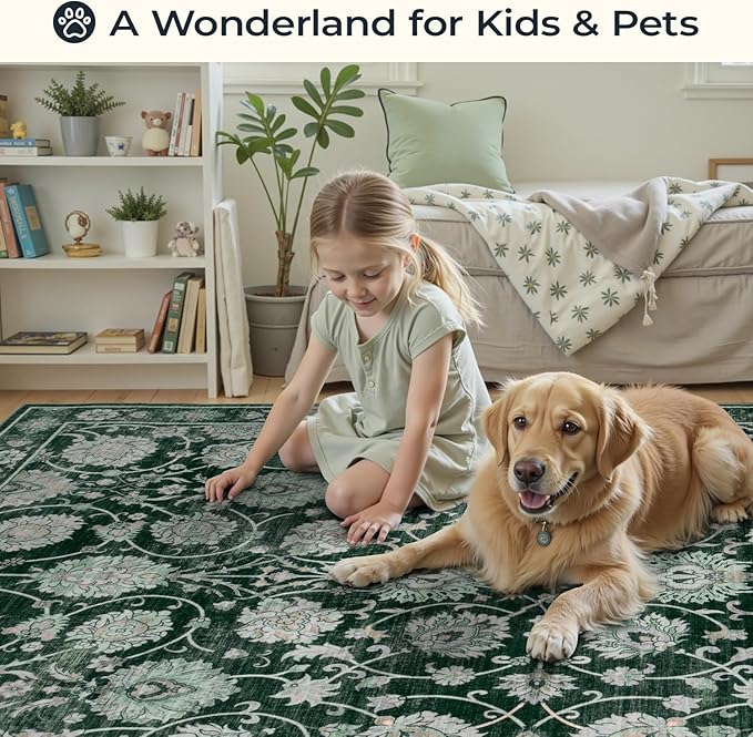 6x9 Area Rug for Living Room & Bedroom, Washable Non-Slip Floral Rugs, Soft Vintage Carpet, Low Pile Wool Carpets for Indoor Dining Home Office Playroom Under Table, Modern Decor, Dark Green