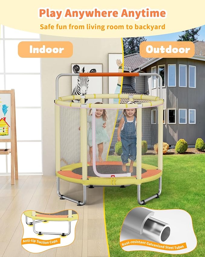 55” Trampoline for Kids, Powder-Coated Mini Trampoline for Toddlers, Indoor Outdoor Toys with Adjustable Gymnastics Bar, Swing, Basketball Hoop, Birthday Gifts for Boys & Girls Ages 1-8