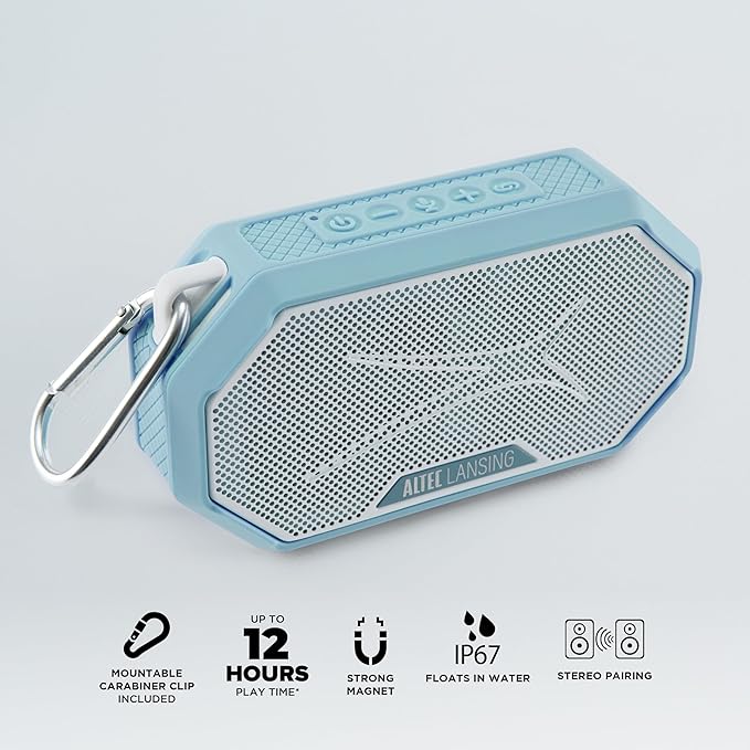 Altec Lansing Portable Bluetooth Speaker HYDRAMINI 2.0, IP67 Waterproof, Portable, 12h Playtime, Wireless Pairing, USB-C Quick Charge, Magnetic Bluetooth Speaker, Voice Assistant Integration