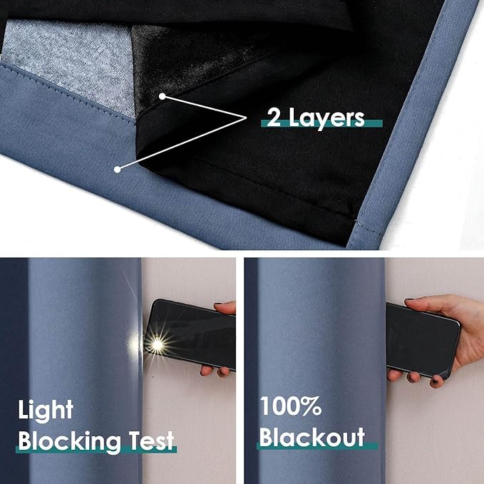 ChrisDowa 100% Blackout Curtains 102 inch Long for Bedroom with Black Liner, 2 Thick Layers Total Blackout Thermal Insulated Grommet Window Curtains 2 Panels Set (Stone Blue, 52 x 102 Inch)