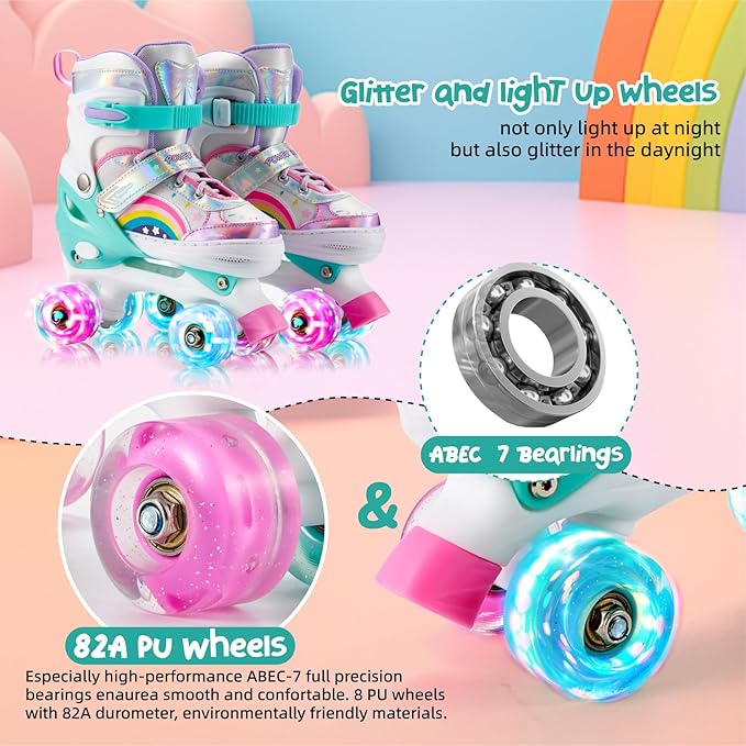 Girls Roller Skates for Kids Beginners 4 Size Adjustable Roller Skates, Light UP 8 Wheels for Girls Roller Skate Fun Illuminating Roller Skate for Kids Boys patines para niñas