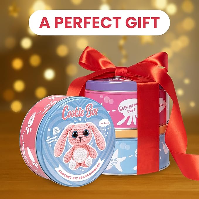 Cookie Box Crochet Kit for Beginners - Learn to Craft Amigurumi Stuffed Animals - Knitting Gift for Kids and Adults - Beginner-Friendly Yarn - Stitch-by-Stitch Video Tutorial - Bunny Lola