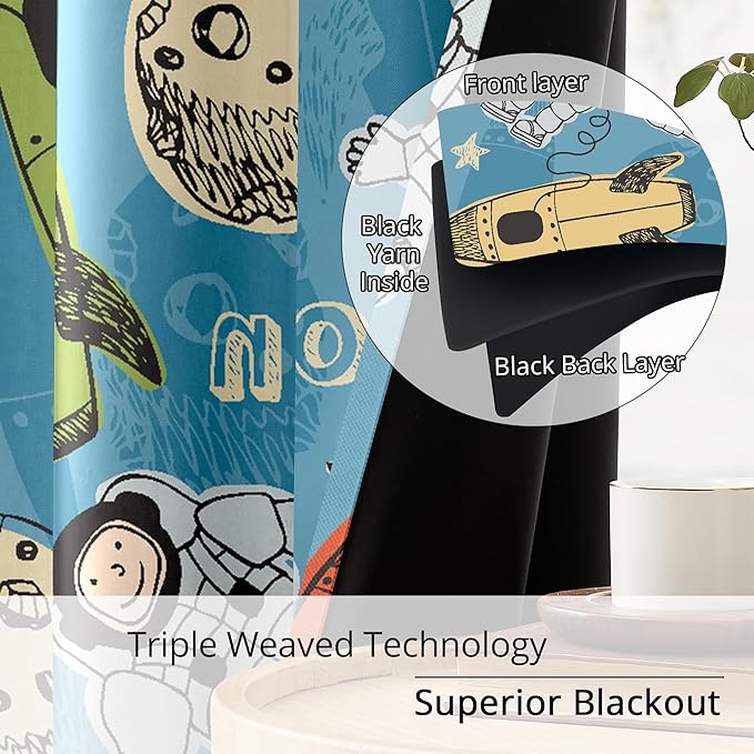 Kids Astronaut and Rocket Blackout Curtains - 100% Blackout, Thermal Insulated, Noise Reducing, Bring The Cosmos Closer to Your Kid’s Room, 2 Panels (Moonbound Adventure, W52×L84)