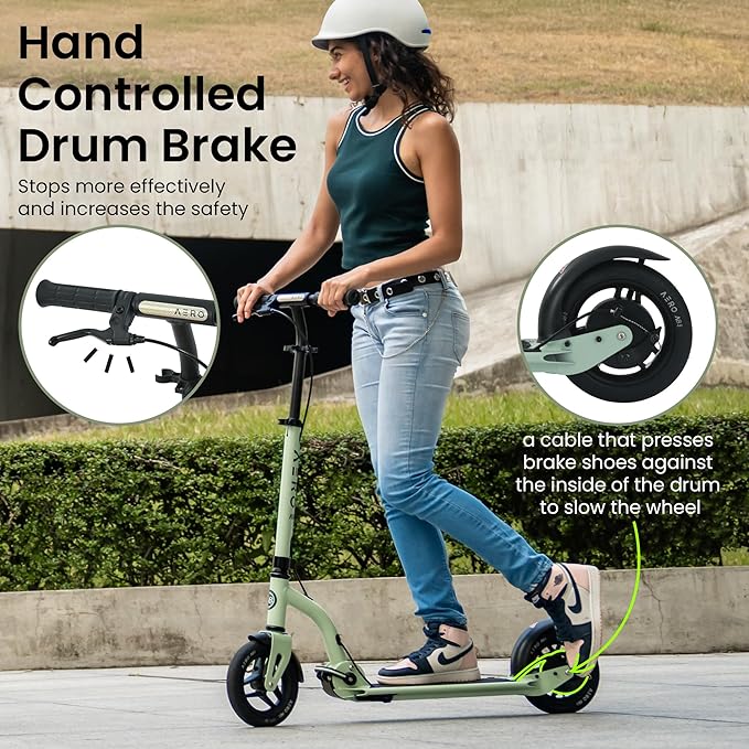 Aero Big Wheels Kick Scooter for Kids 6+, Teens & Adults | Light Up Wheels, Hand Brake, Rubber Deck Mat & Shock Absorption | Foldable & Height Adjustable