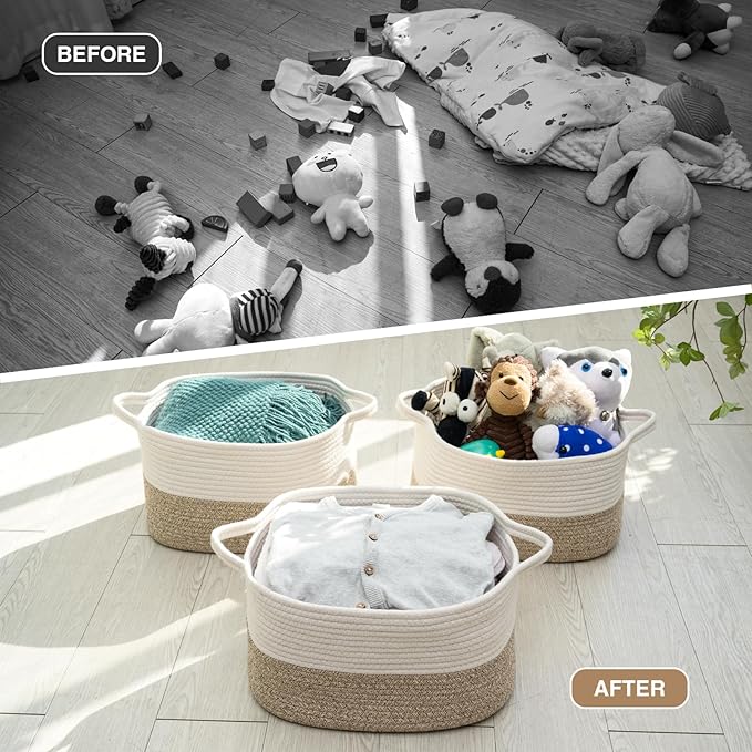 Cotton Rope Woven Storage Basket, Used for Baby Hamper Toy Organizer, Gift Baskets Empty,Kids Laundry Basket,Baby Blanket Basket. Size 15x10x8.7 Inches. (White&Brown-3PCS)