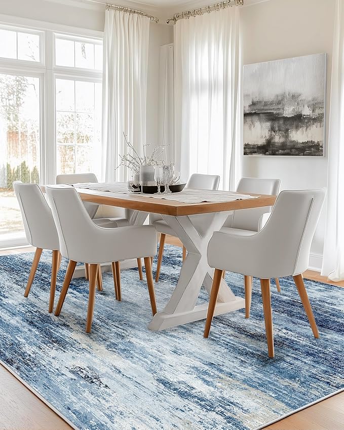 Amada 6x9 Washable Area Rug, Modern Abstract Living Room Rug with Non-Slip Backing & Short Pile, Large Rug with Abstract Pattern for Living Room, Bedroom and Dinning Room, Blue