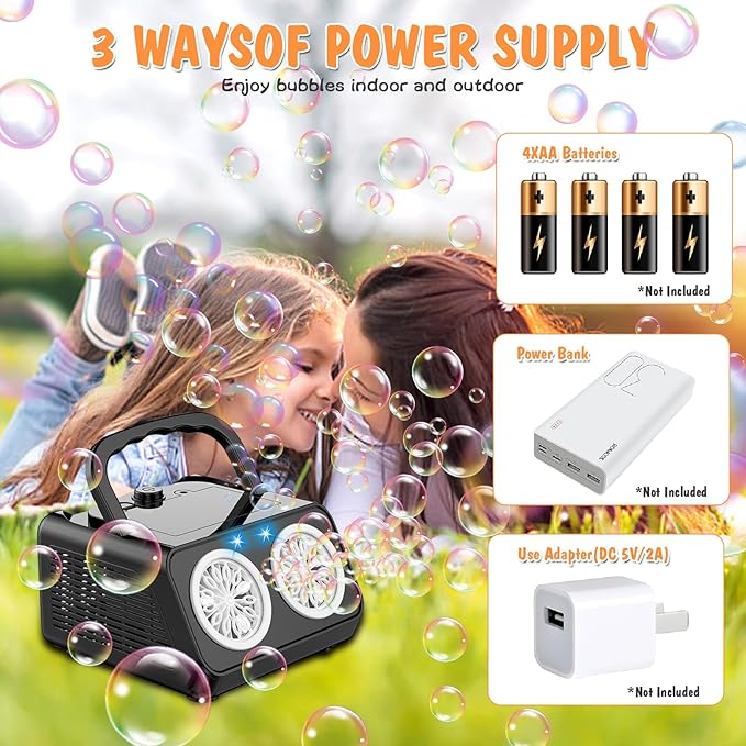 Bubble Machine Portable Bubble Machine for Kids with 2 Fans,Plug in or Battery Operated Bubble Blower,20000+ Bubbles Per Minute Bubbles for Outdoor Wedding Birthday Halloween