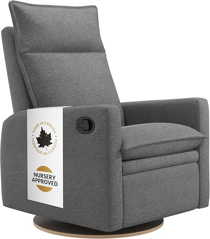 Jaymar Arya Modern Nursery Glider Recliner Chair – Cozy Nursing Chair with 360° Swivel for New Parents, Gentle Motion, Compact Design, High Back & Low Armrests, Canadian Made (Charcoal/Nexus Fabric)