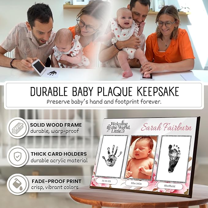 Baby Hand and Footprint Kit with Photo & Birth Details, Inkless Hand and Footprint Kit, Newborn Keepsake Plaque, Baby Shower Gifts (STYLE 1 (Fully Personalized) (Welcome To The World - Baby Girl))