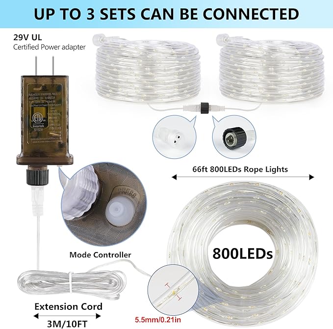 Connectable 66ft 800 LED Rope Lights Outdoor, Cool White Strip Lights Plug in, Outdoor String Lights Waterproof Decorative Lighting for Deck Patio Yard Garden Pathway Pool Camping Room Indoor Décor