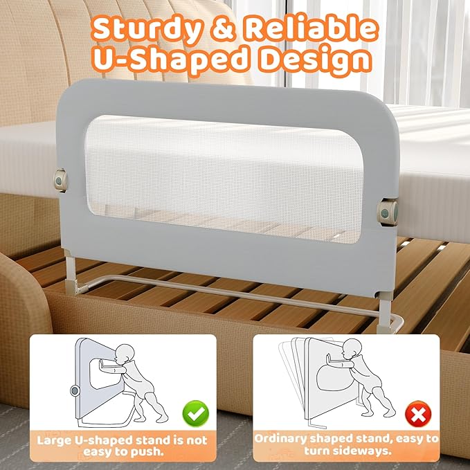 Bed Guard Rail for Toddlers - 47inch Foldable & Adjustable Height Baby Bed Safety Side Rails - Large Toddler Crib Railing Guard for Twin, Bunk, Full Size, Queen & King, Full Size Bed Grey