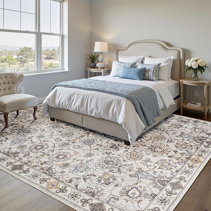 Floral 8x10 Area Rugs for Living Room, Washable Large Bedroom Rug, Soft Non Slip Carpet, Stain Resistant Low Pile Carpets for Indoor Under Table Dining Home Office Nursery, Beige