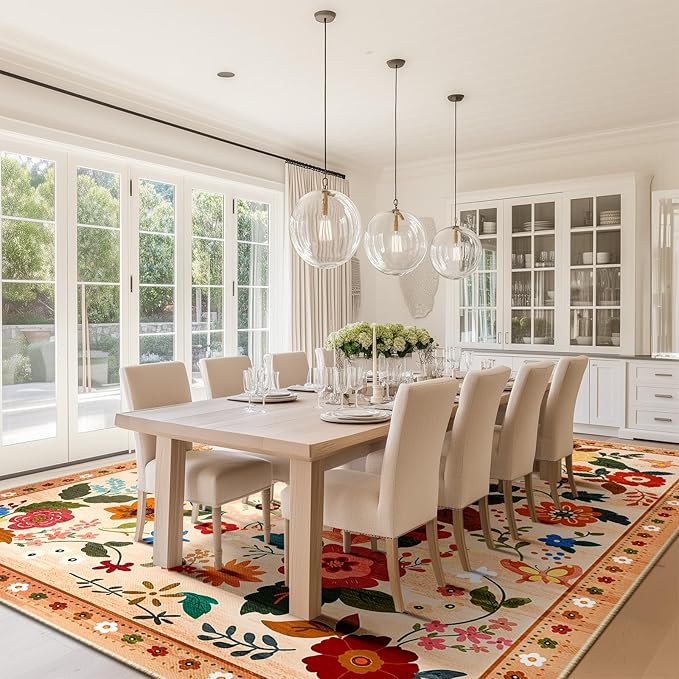 Floral 9x12 Area Rug Machine Washable Soft Print Boho Carpet Non Slip Doormat Low Pile Flower Area Rugs for Living Room Bedroom Nursery Kitchen Dining Room Indoor-Light Orange