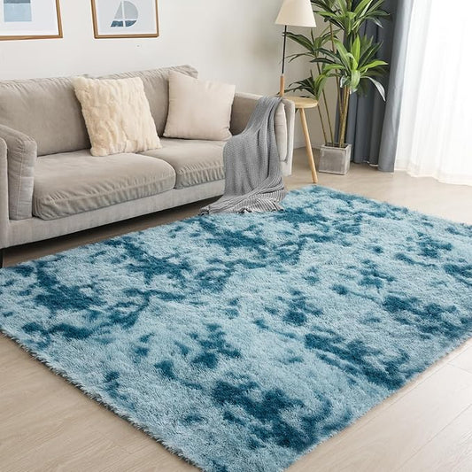 Area Rugs 9x12, Fluffy Rugs for Living Room, Ultra Soft Rugs for Bedroom, Non-Slip Indoor Carpet for Nursery, Kids Room, Playroom, Home Decor, Tie-Dyed Blue