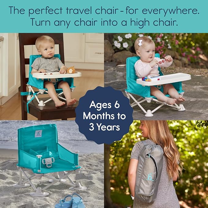 Hiccapop OmniBoost Travel Booster Seat with Tray for Baby | Folding Portable Baby Booster Seat for Dining Table, Camping, Beach, Grandma’s | Tip-Free Design Straps to Kitchen Chairs - Booster Chair