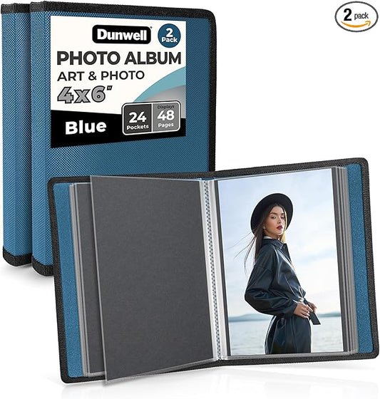 Dunwell Small Photo Album 4x6 (2-Pack, Blue), Mounting Paper, 4 x 6 Photo & Art Portfolio Presentation Book, 24 Pockets Display 48 Pages, Professional Mini Picture Book for Artwork, Postcards